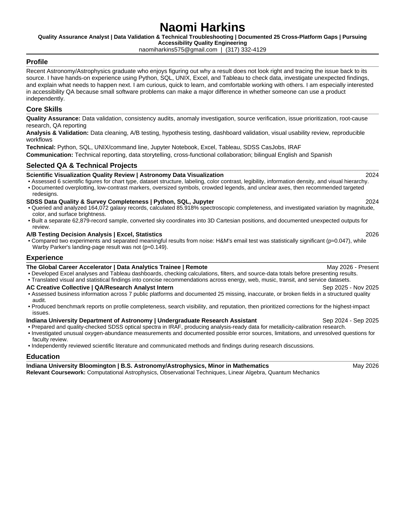 Preview of Naomi Harkins's one-page quality assurance and data resume.